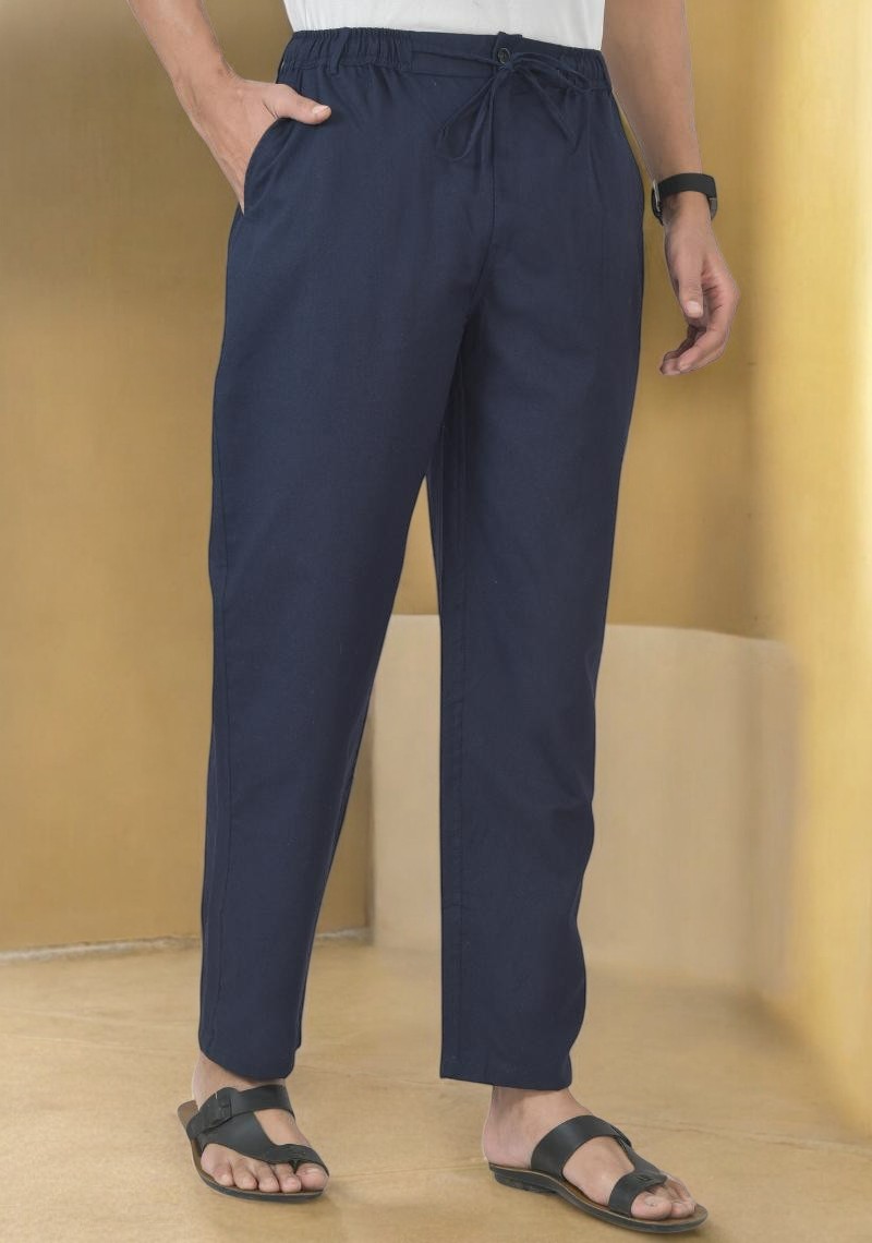 Navy Blue Linen Regular Fit Pant-49405