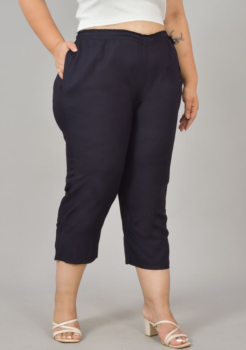 Navy Blue Rayon Plus Size Ankle Length Women Pant-48411