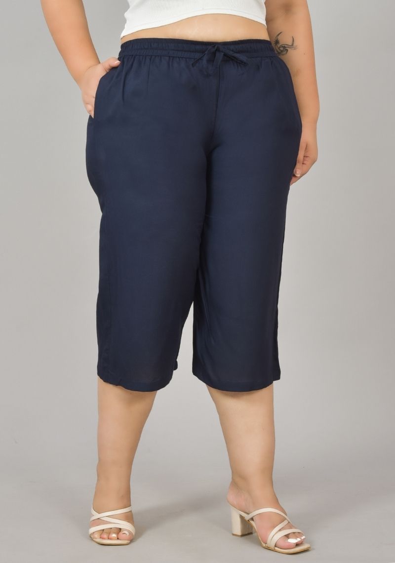 Navy Blue Rayon Plus Size Ethnic Wear Culotte-48423
