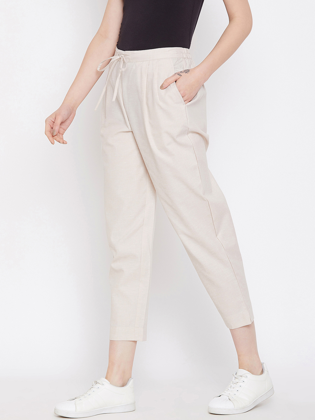 Off White Cotton Cropped Pant-33536