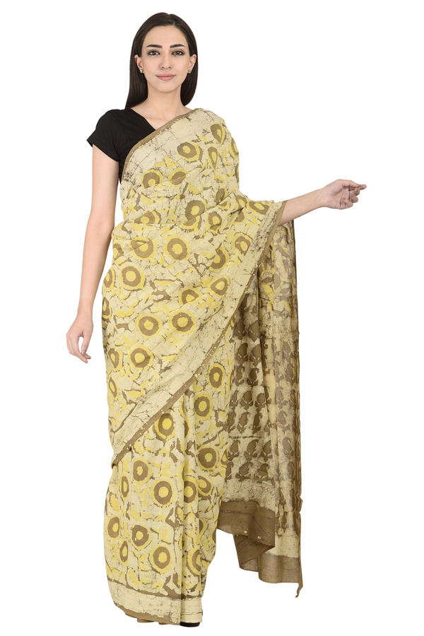Off White and Cream Cotton Block Print Saree-20108