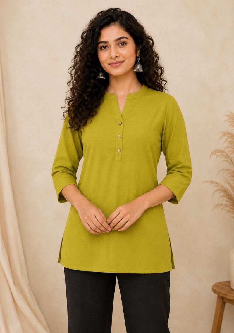 Olive Green Cotton Ethnic Women Solid Short Top-51187