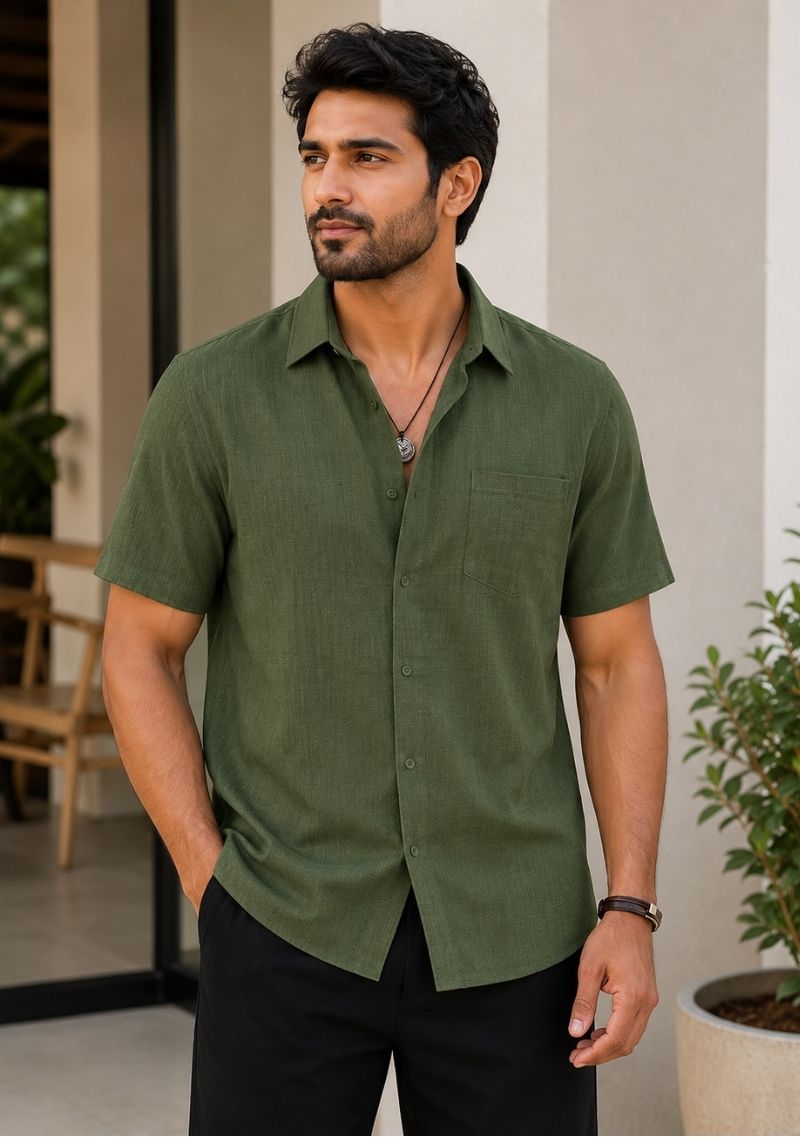 Olive Green Cotton Linen Relaxed Fit Half Sleeve Shirt-51707