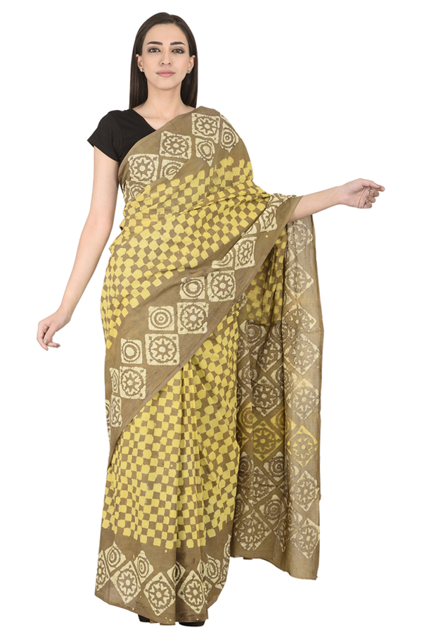 Olive Green-Yellow and Off White Cotton Block Print Saree -20111