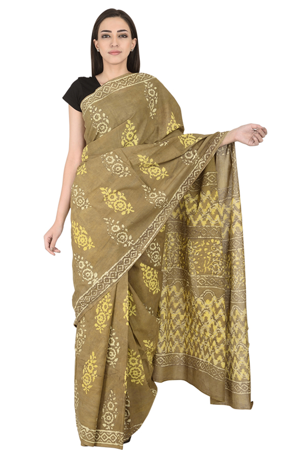 Olive Green-Yellow and White Floral Design Cotton Block Print Saree-20114