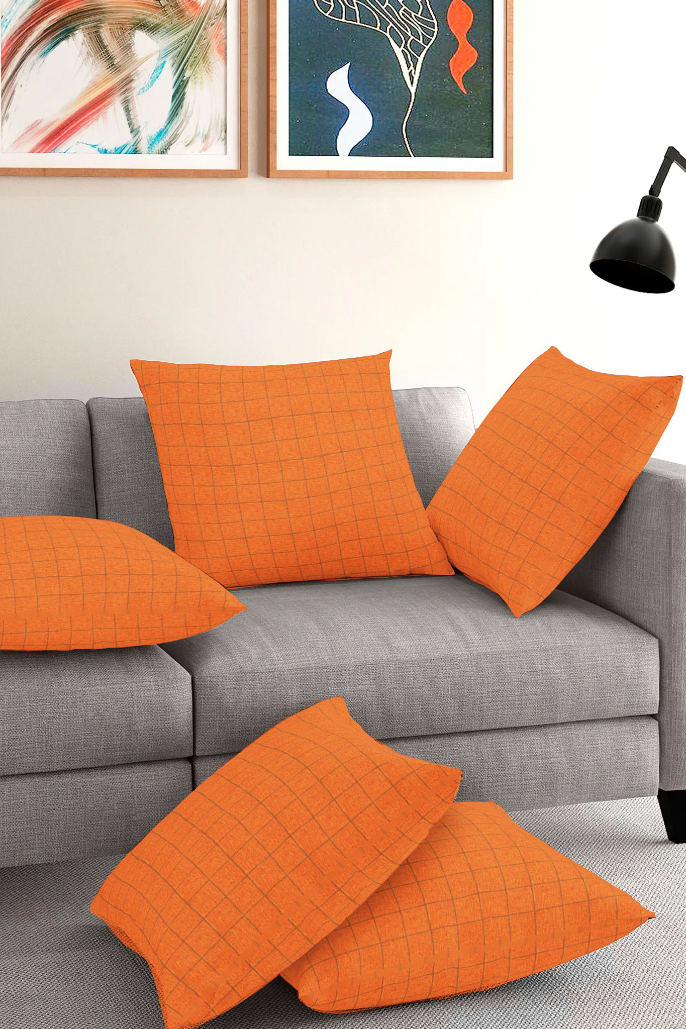 Set of 5-Orange Black Cotton Cushion Cover-35404-16x16 Inches