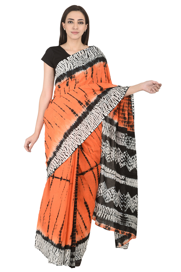 Orange-Black and White Cotton Tie Dye Print Saree-20122