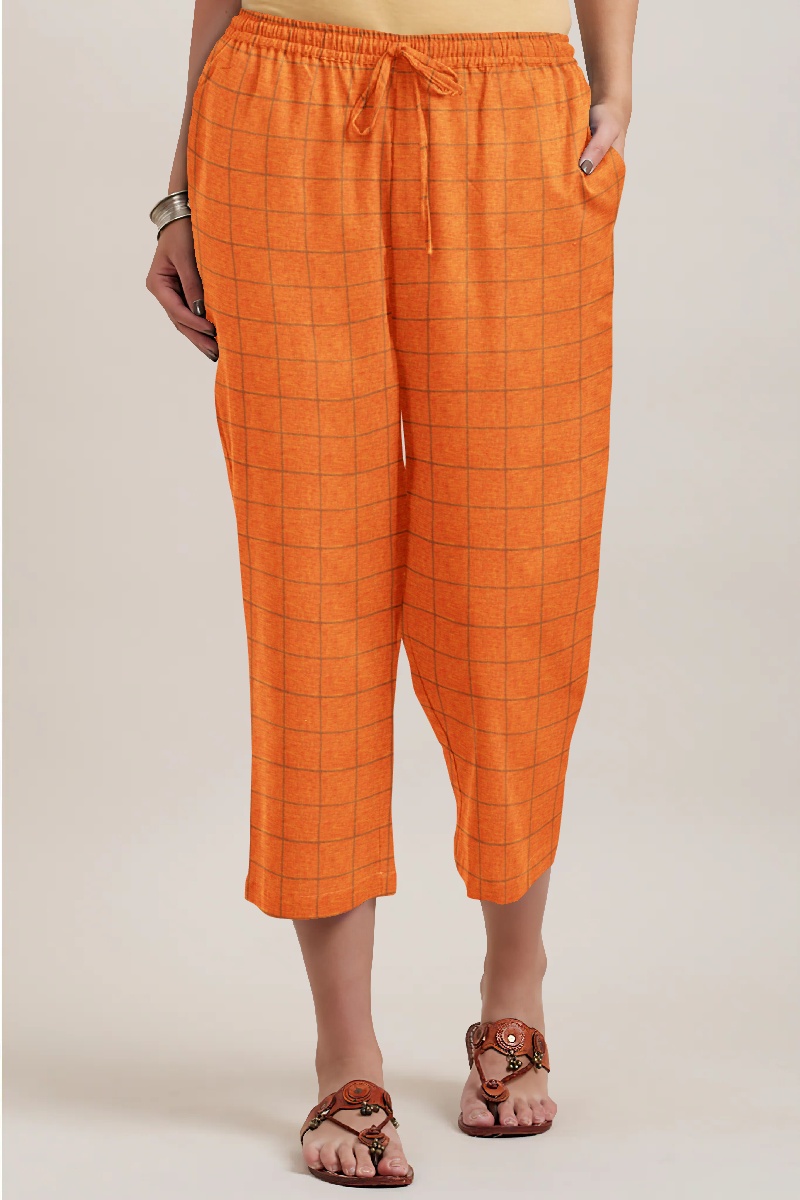 Orange Brown Cotton Check Women Culotte-35933