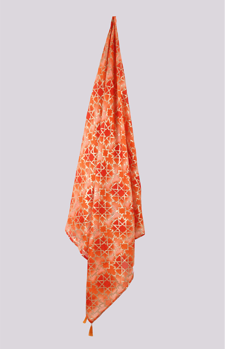 Orange Peach Digital Printed Kota Doria Dupatta with Tassel-33427