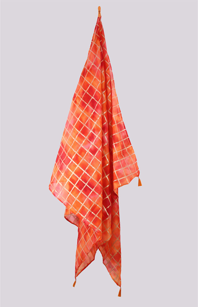 Orange Pink Digital Printed Kota Doria Dupatta with Tassel-33439