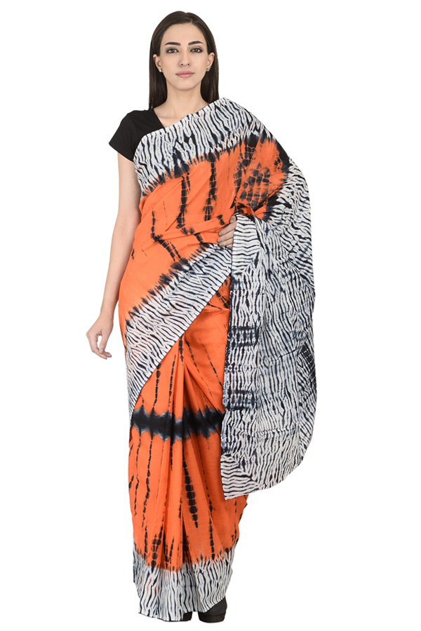 Orange-White and Black Cotton Shibori Print Saree-20104