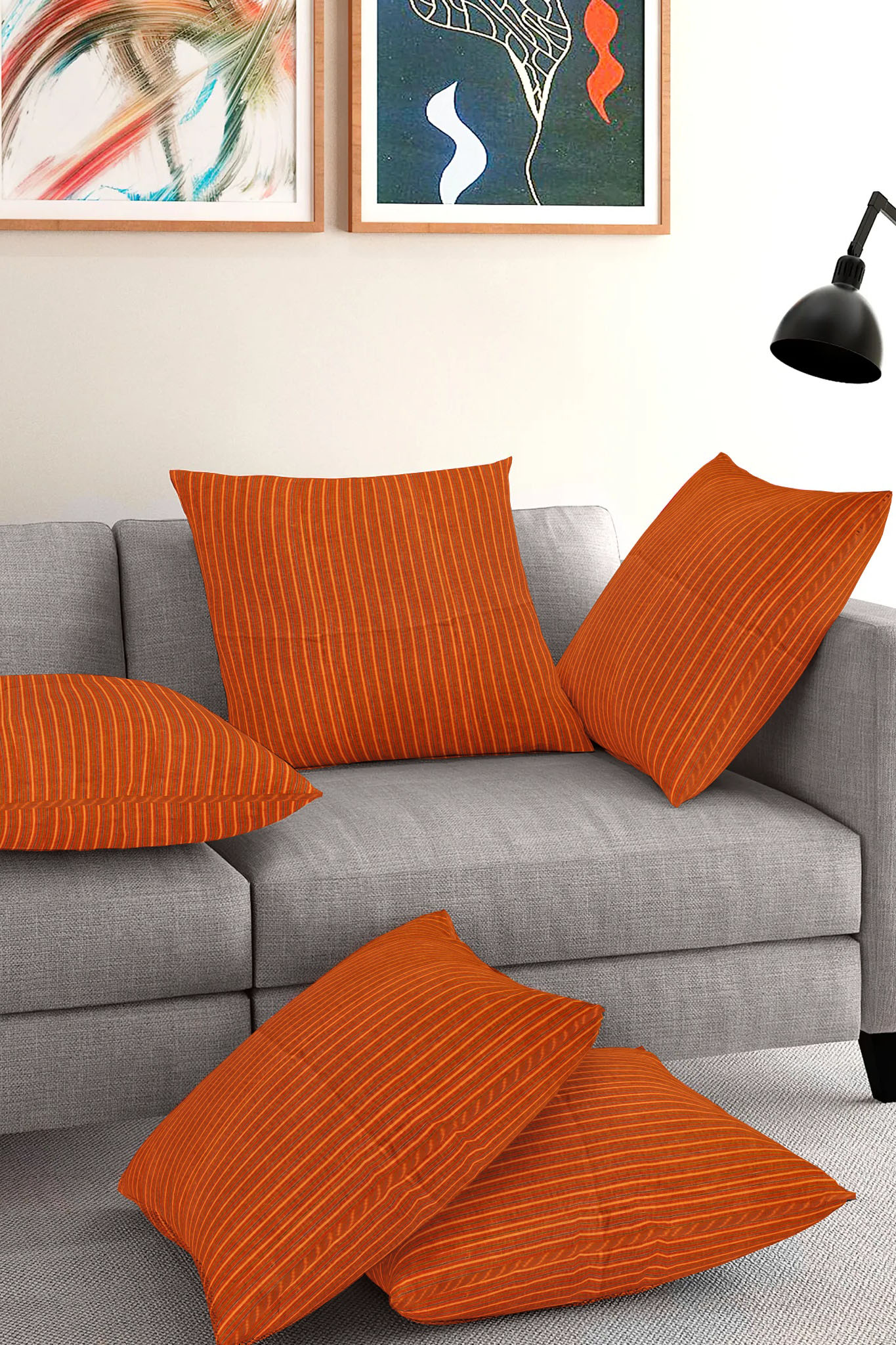 Set of 5-Orange Yellow Cotton Cushion Cover-35378-16x16 Inches