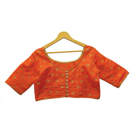 Orange and Golden Square Silk Brocade Blouse-30130