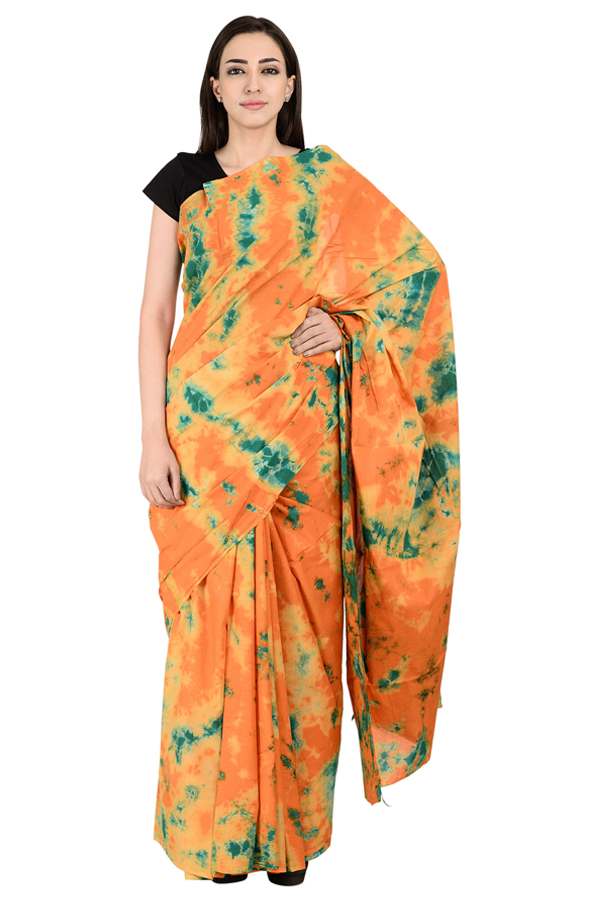 Orange and Green Cotton Batik Print Saree-20130