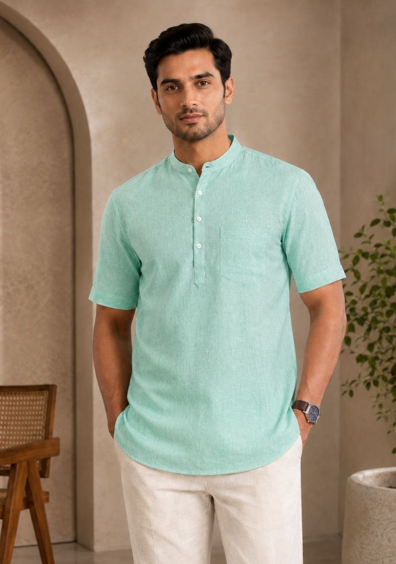 Parrot Green Cotton Half Sleeves Short Kurta-51289