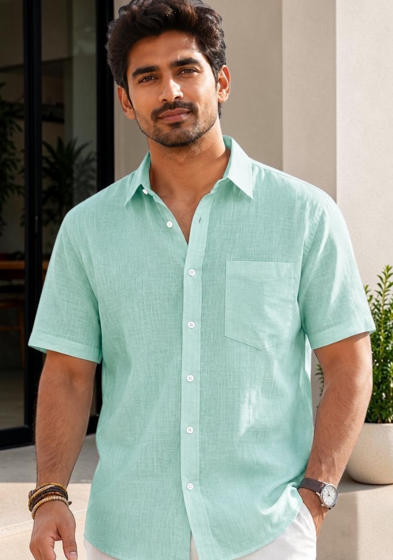 Parrot Green Cotton Linen Relaxed Fit Half Sleeve Shirt-51714