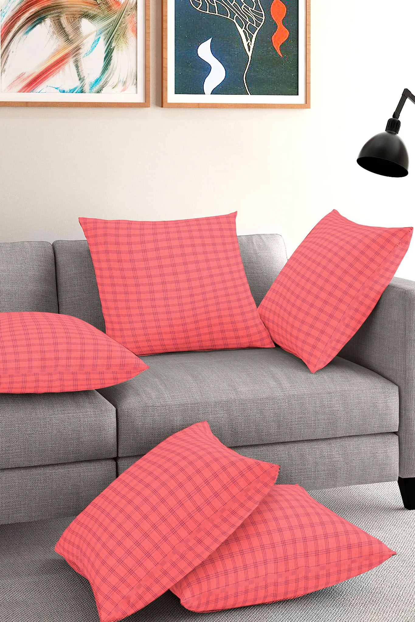 Set of 5-Peach Blue Cotton Cushion Cover-35385-16x16 Inches