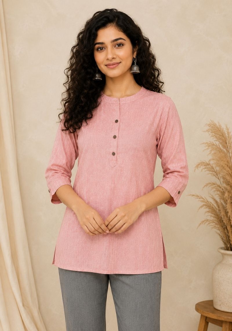 Peach Cotton Ethnic Women Solid Short Top-51183