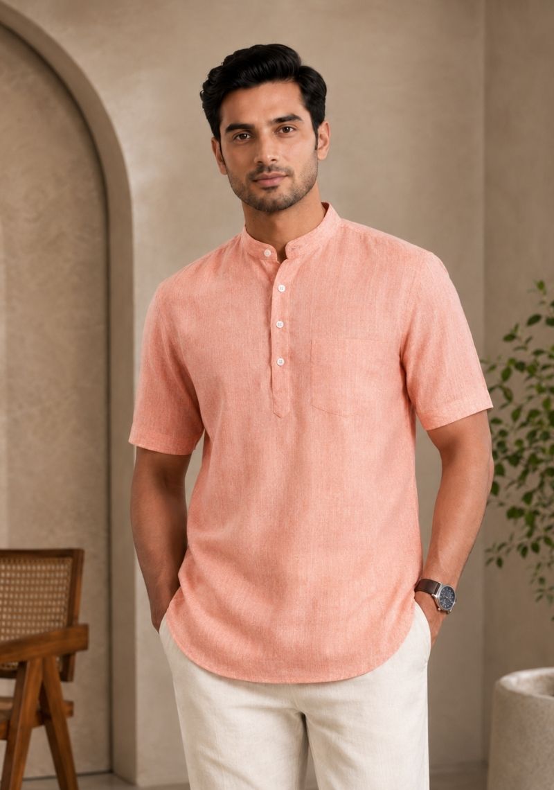 Peach Cotton Half Sleeves Short Kurta-51286