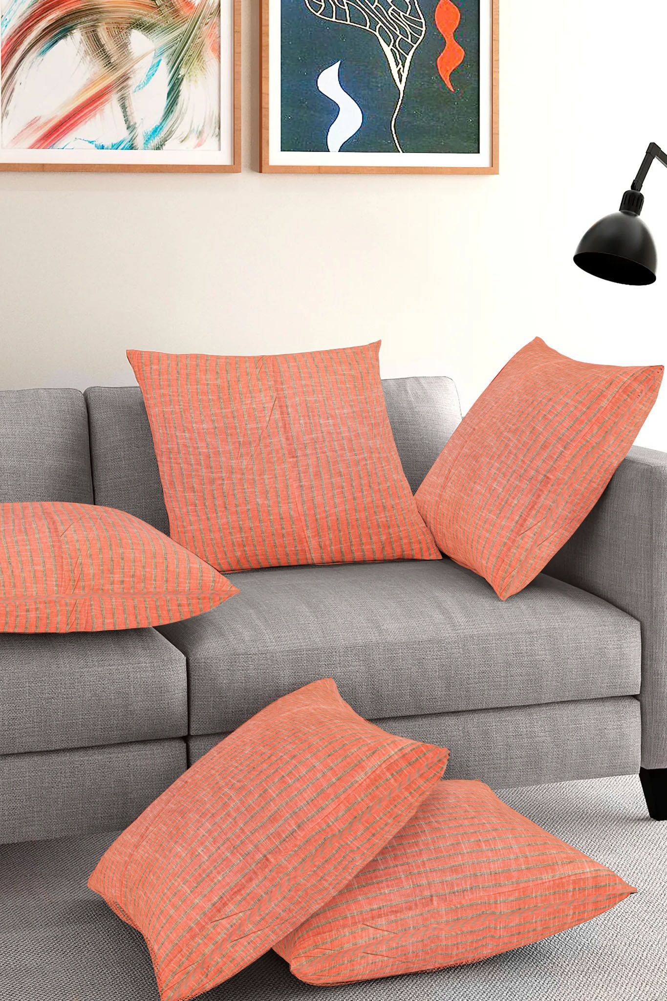 Set of 5-Peach Gray Cotton Cushion Cover-35416-16x16 Inches