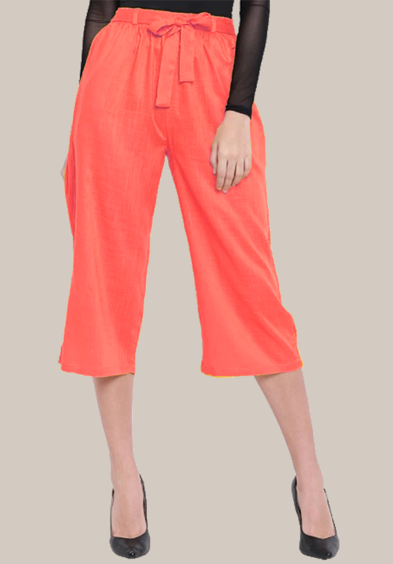 Peach Rayon Solid Women Culottes with Belt-35109