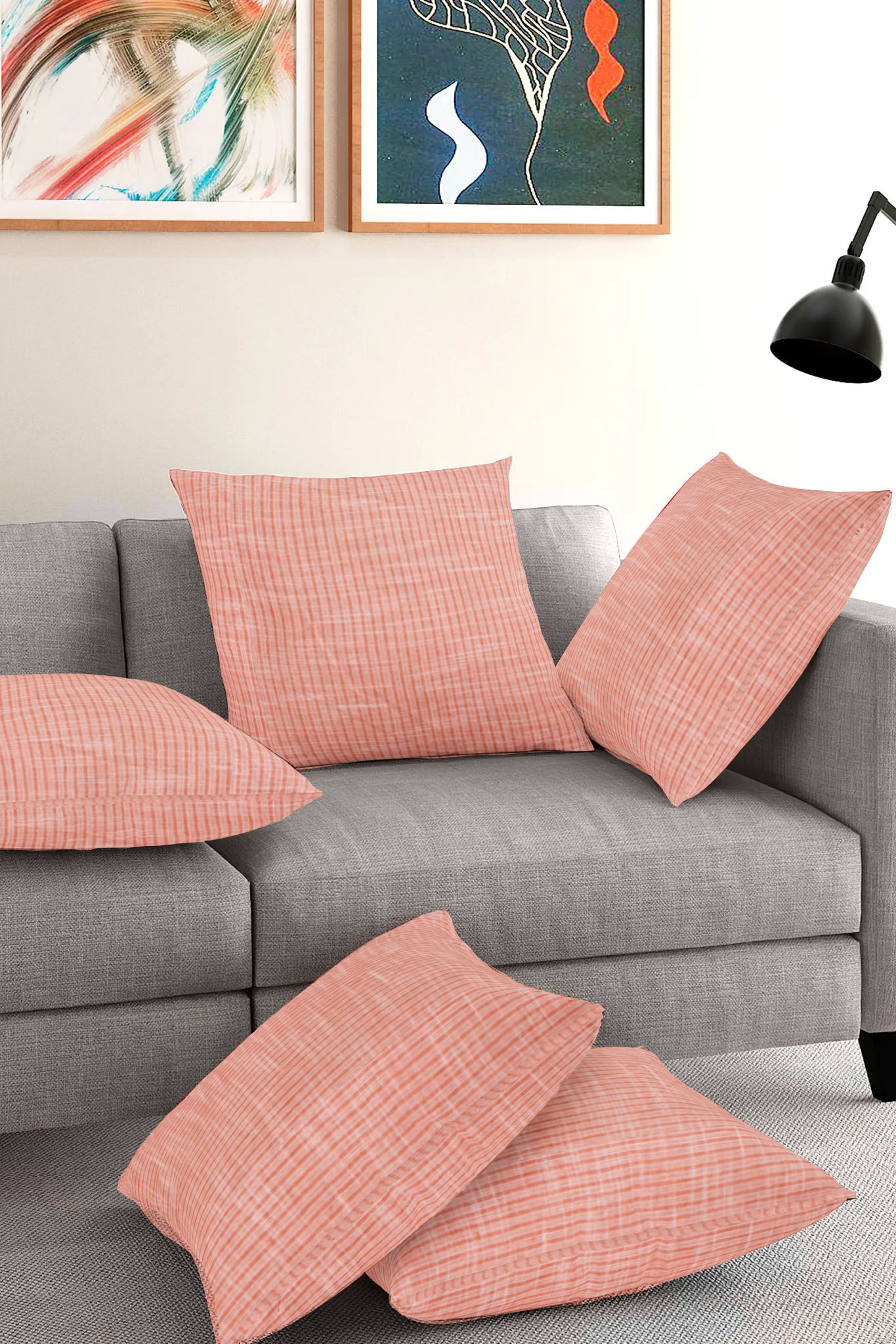 Set of 5-Peach White Cotton Cushion Cover-35375-16x16 Inches