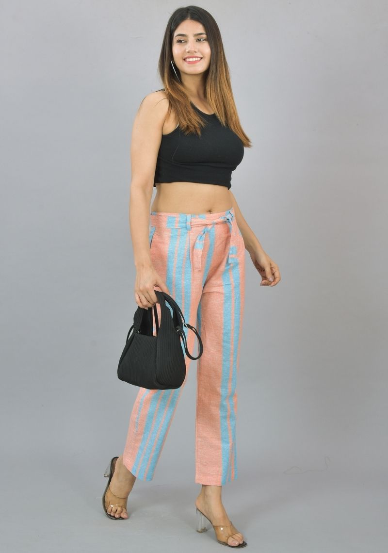 Peach and Blue Cotton Stripe Women Trouser-45250