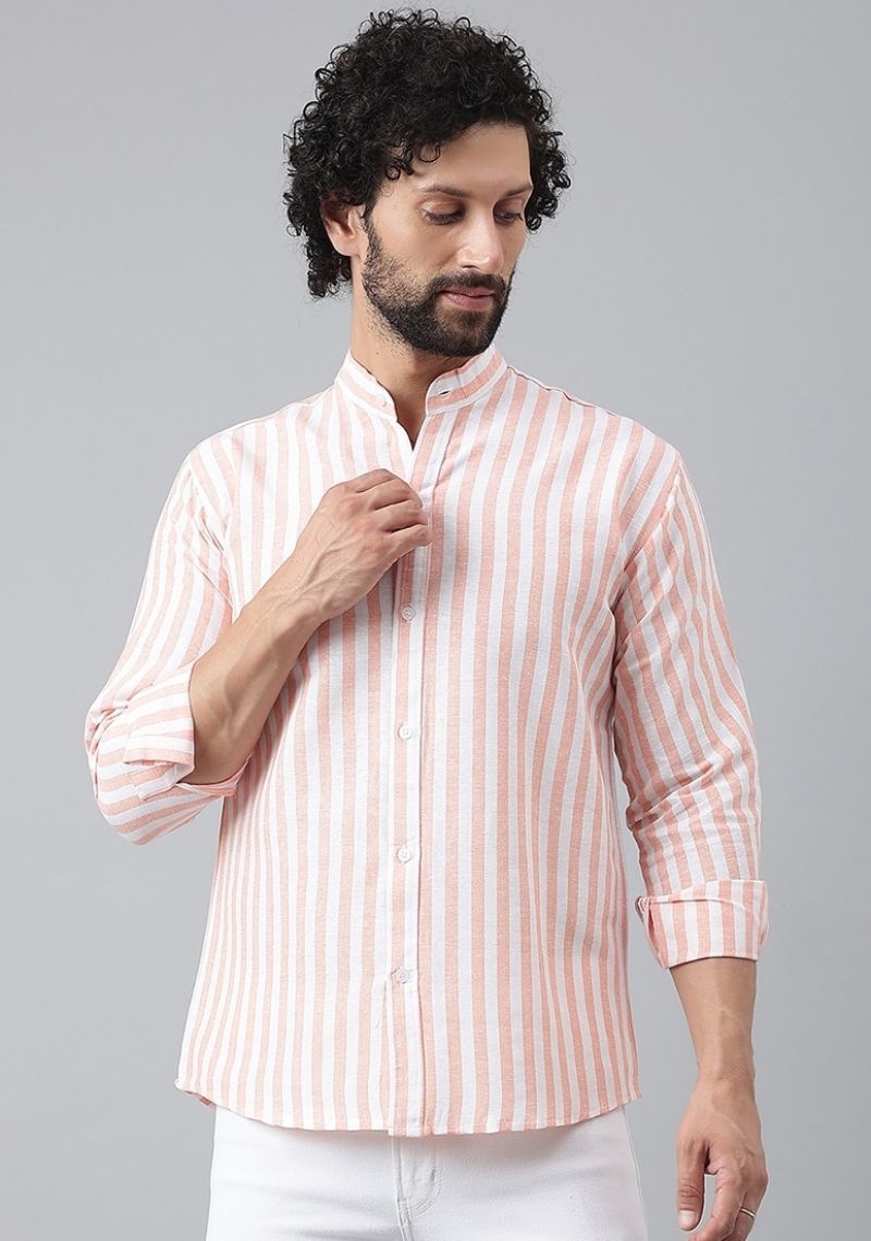 Peach and White Cotton Handloom Stripe Men Shirt-48732