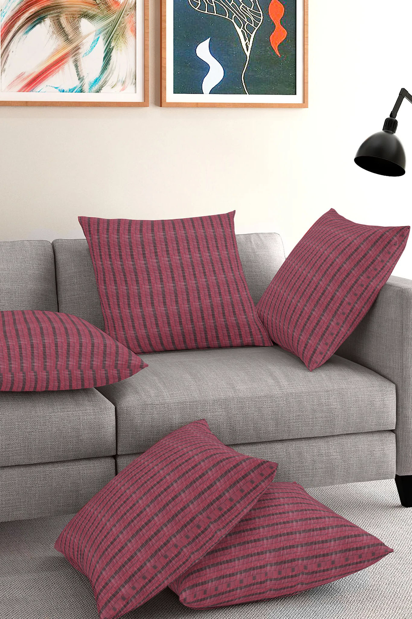 Set of 5-Pink Black Cotton Cushion Cover-35380-16x16 Inches