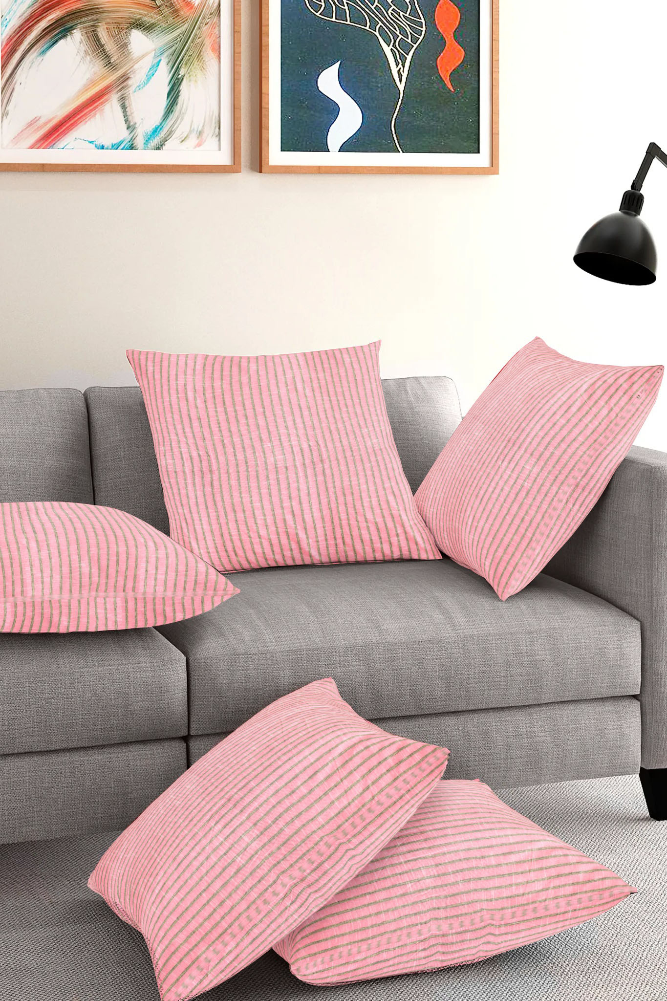Set of 5-Pink Black Cotton Cushion Cover-35391-16x16 Inches