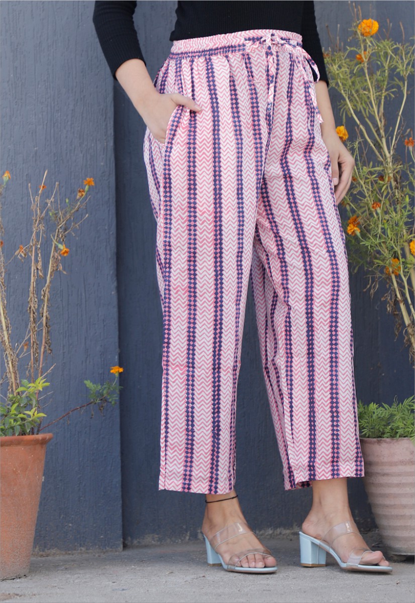 Pink Blue Cotton Stripe Palazzo Pant-34349
