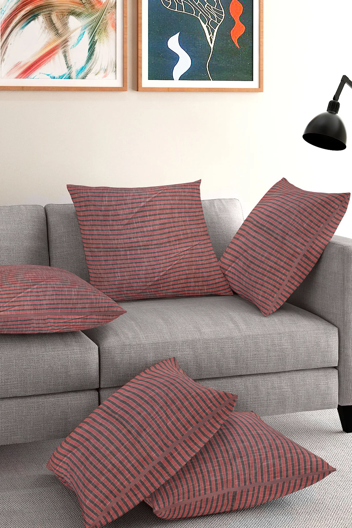 Set of 5-Pink Gray Cotton Cushion Cover-35395-16x16 Inches
