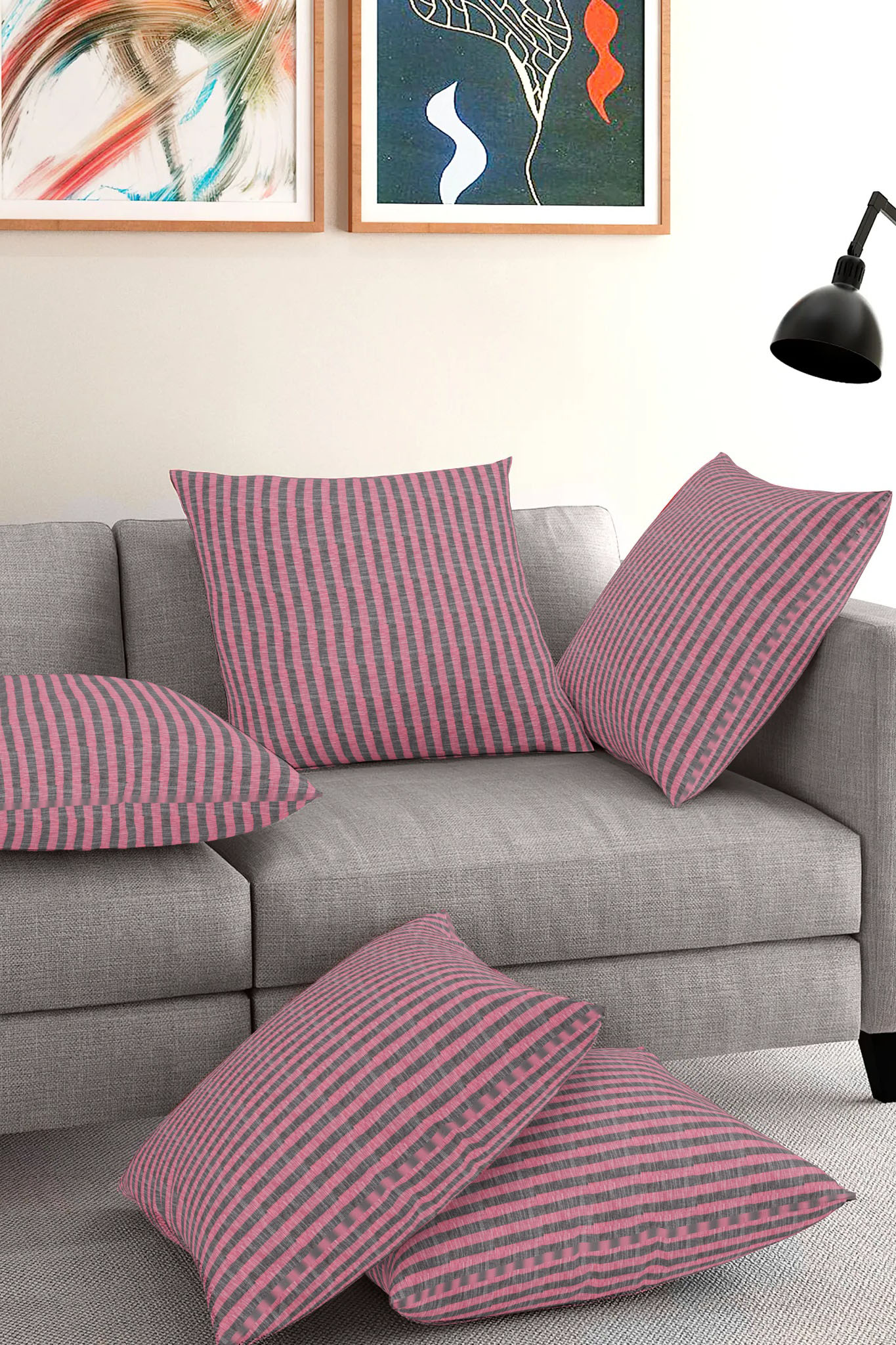 Set of 5-Pink Gray Cotton Cushion Cover-35401-16x16 Inches