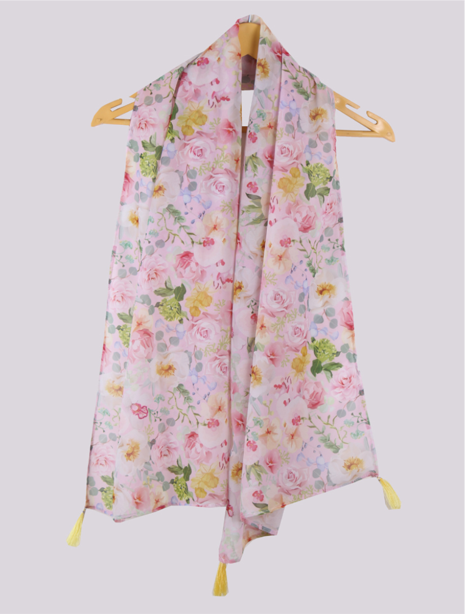 Pink Green Digital Printed Georgette Stole with Tassel-33412