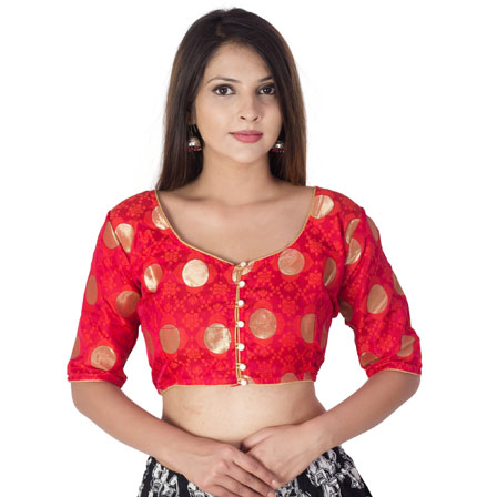 Pink-Orange and Golden Elbow Sleeve Silk Brocade Blouse-30188