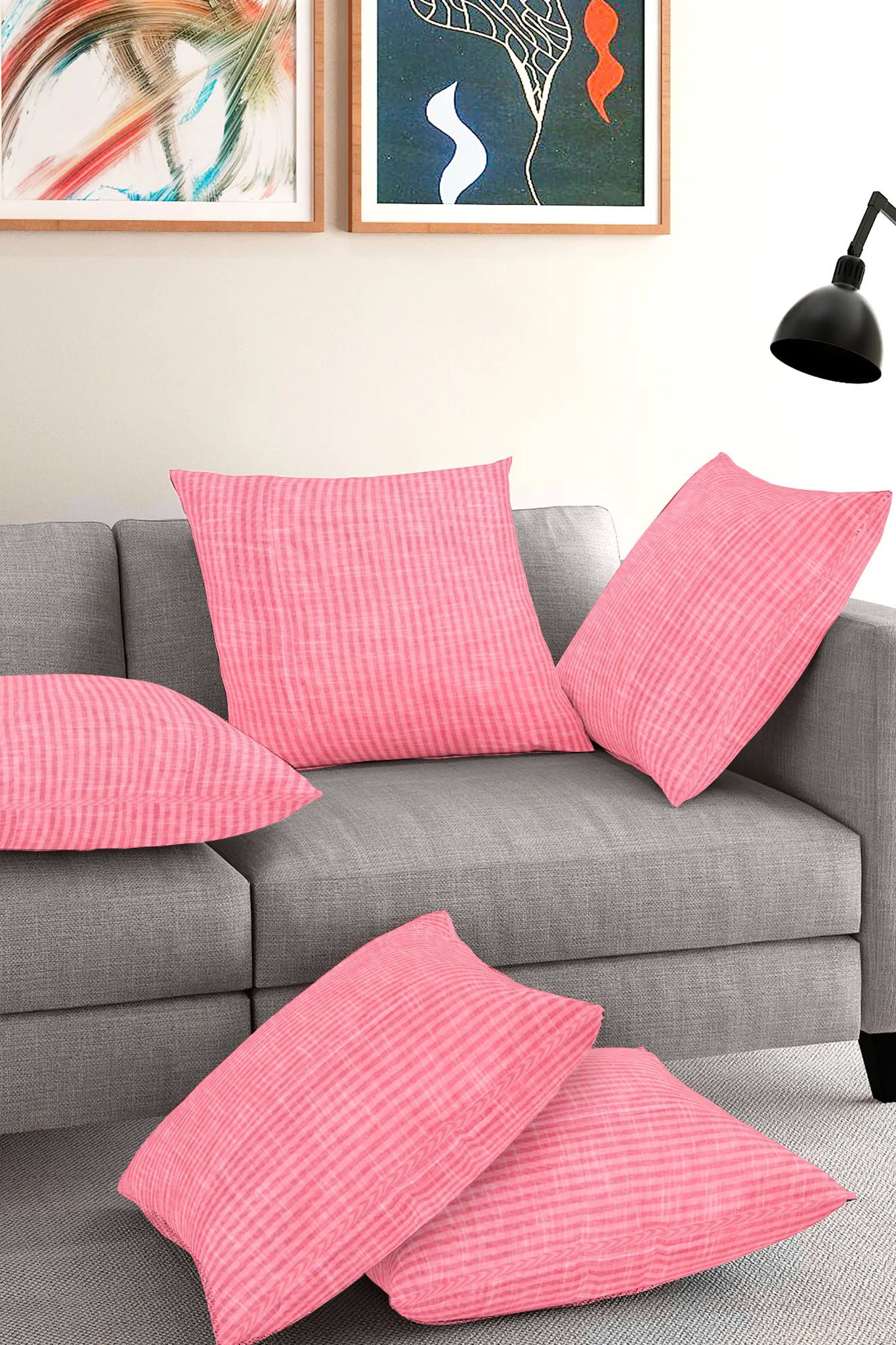 Set of 5-Pink White Cotton Cushion Cover-35376-16x16 Inches