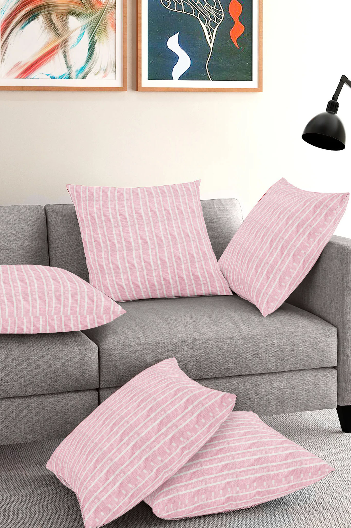 Set of 5-Pink White Cotton Cushion Cover-35383-16x16 Inches
