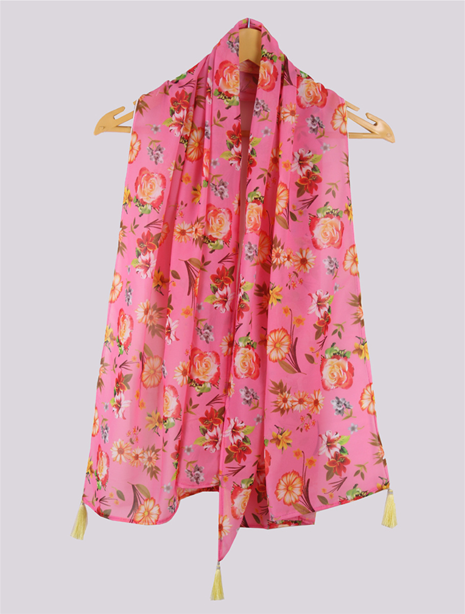 Pink Yellow Digital Printed Georgette Stole with Tassel-33411
