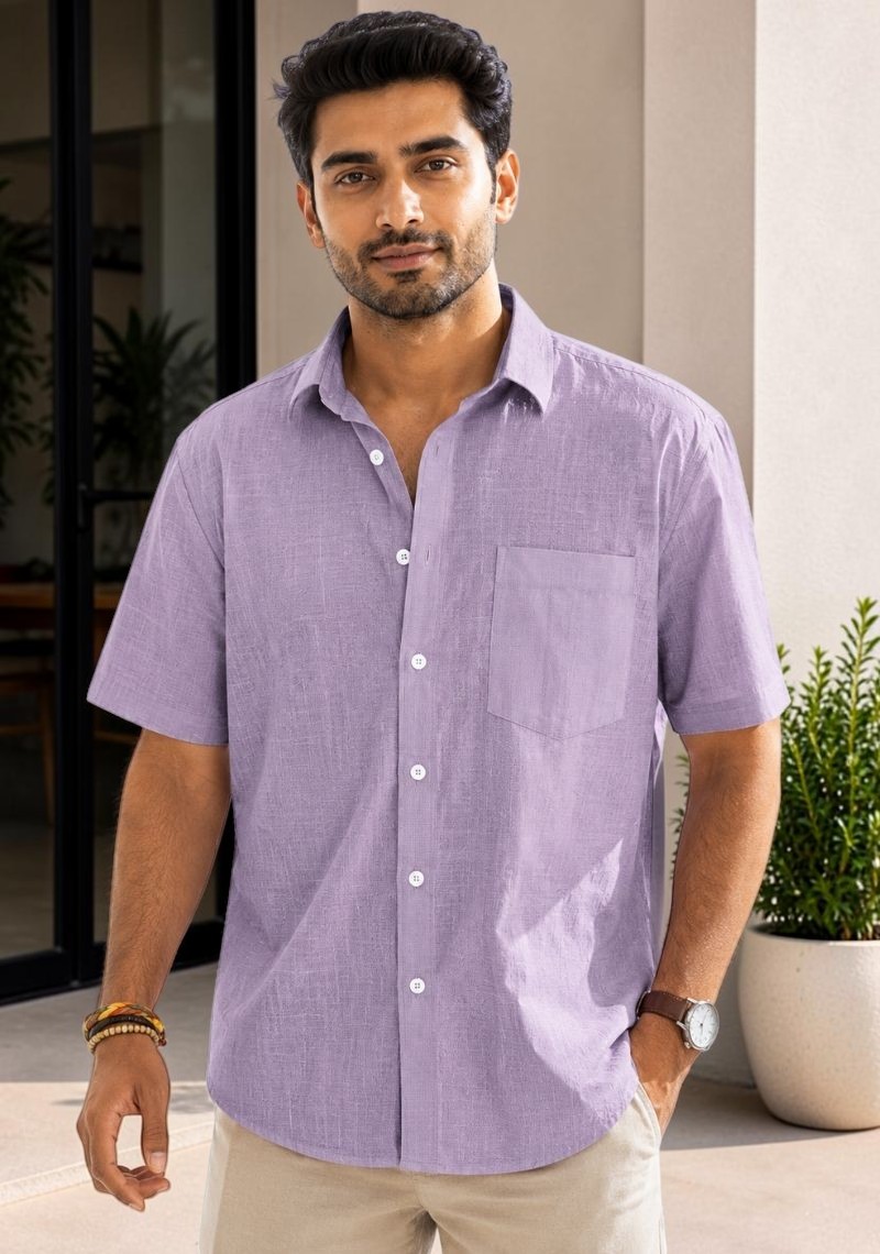 Purple Cotton Linen Relaxed Fit Half Sleeve Shirt-51716