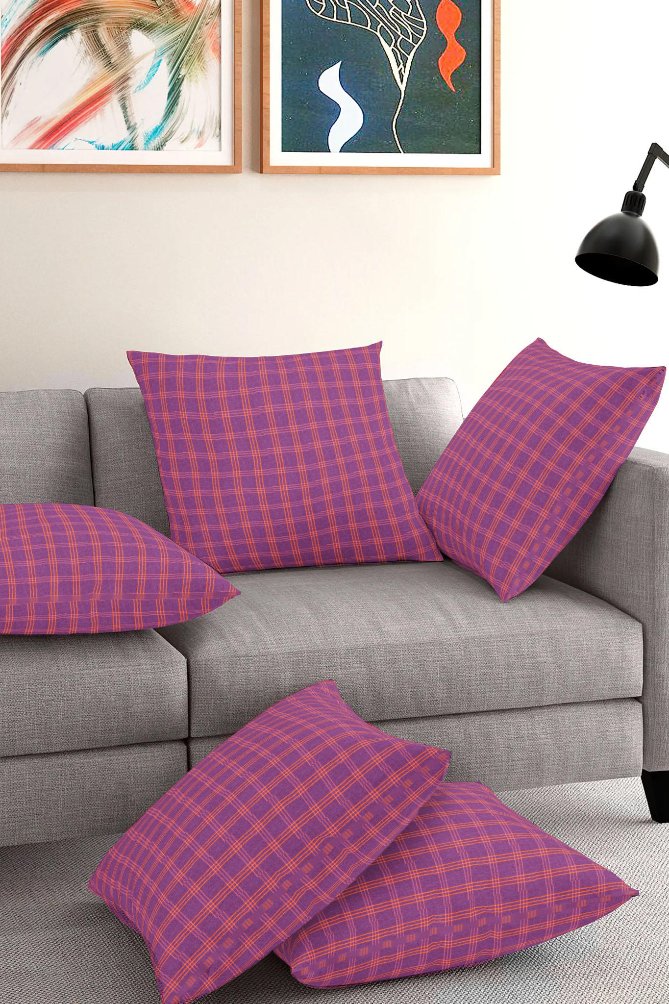 Set of 5-Purple Yellow Cotton Cushion Cover-35406-16x16 Inches