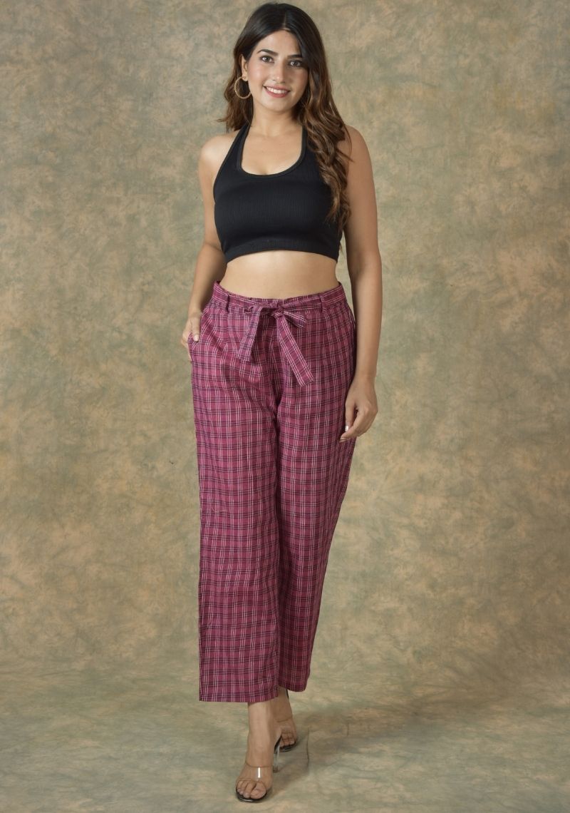 Purple and Black Cotton Checks Women Trouser-45232