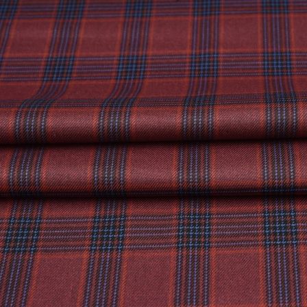 Red Blue Checks Tweed Wool Fabric-90689