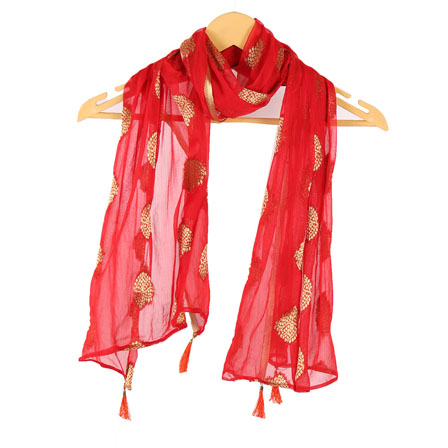 Red Golden Digital Printed Chiffon Stole with Tassle-33623