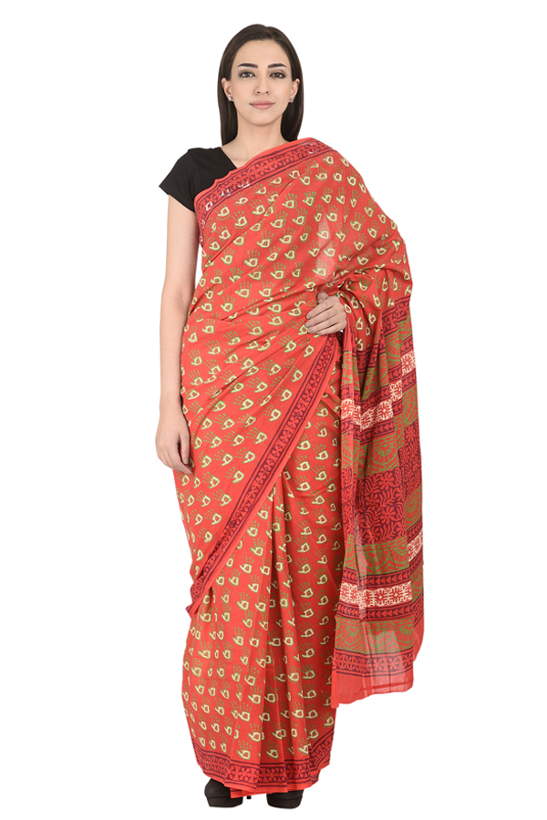 Red-White and Green Hand Pattern Cotton Block Print Saree-20124