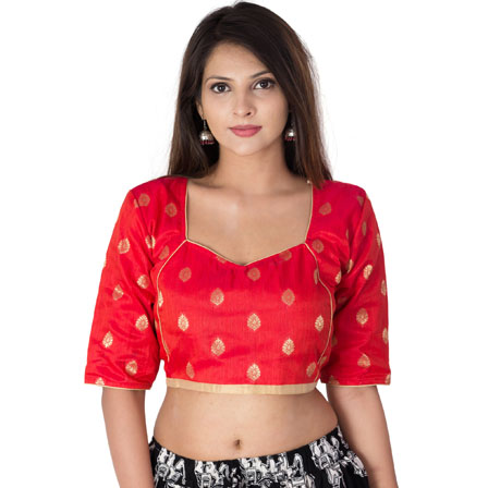 Red and Golden Elbow Sleeve Silk Brocade Blouse-30193