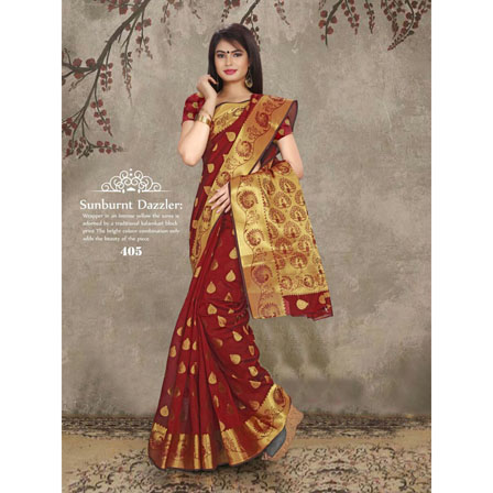 Red and Golden Leaf Banarasi Silk Saree With Unstitched Blouse Piece-7628