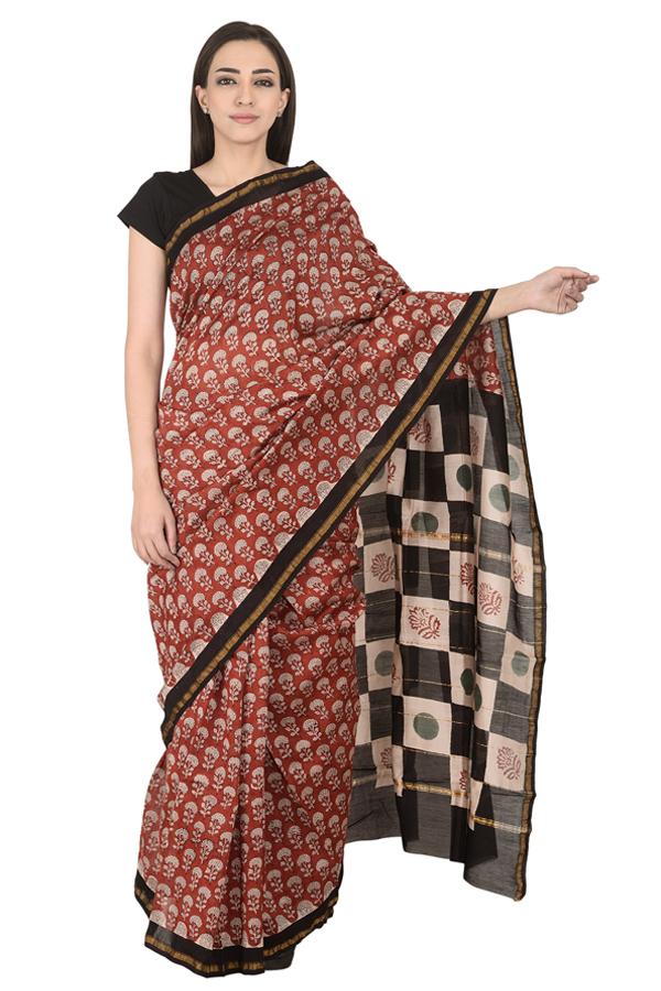 Red and White Floral Design Cotton Block Print Chanderi Saree-20125