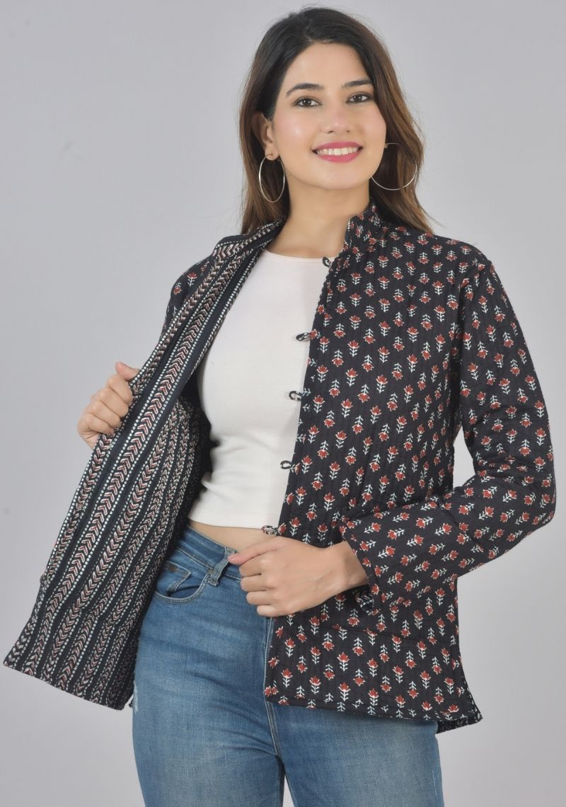 Reversible Full Sleeves Cotton Block Printed Quilted Jacket Black and White-49439