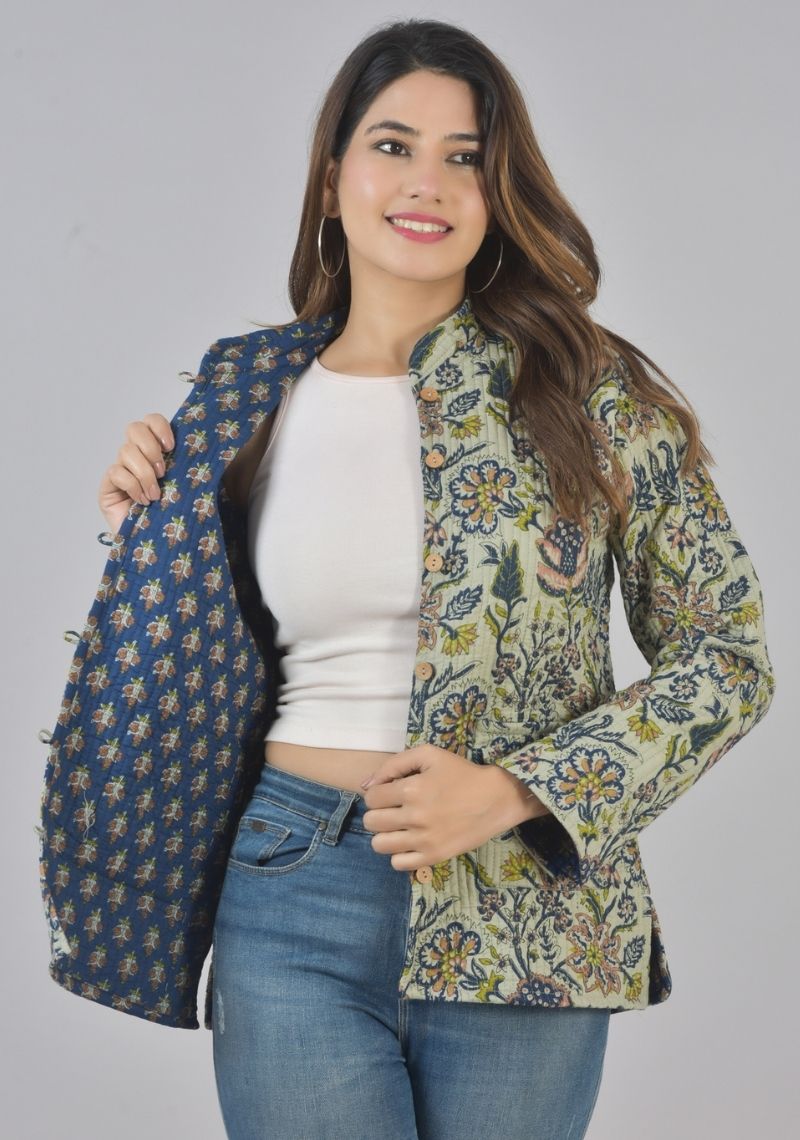 Reversible Full Sleeves Cotton Block Printed Quilted Jacket Blue and Green-49436