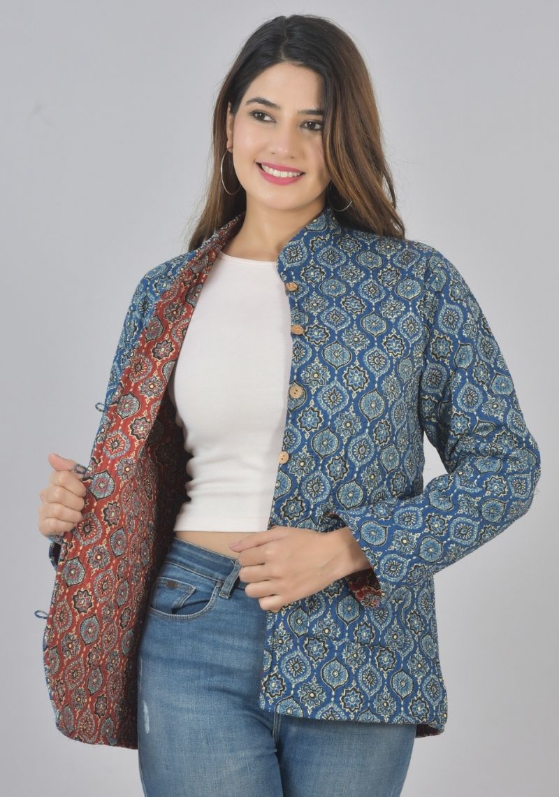 Reversible Full Sleeves Cotton Block Printed Quilted Jacket Blue and Maroon-49441